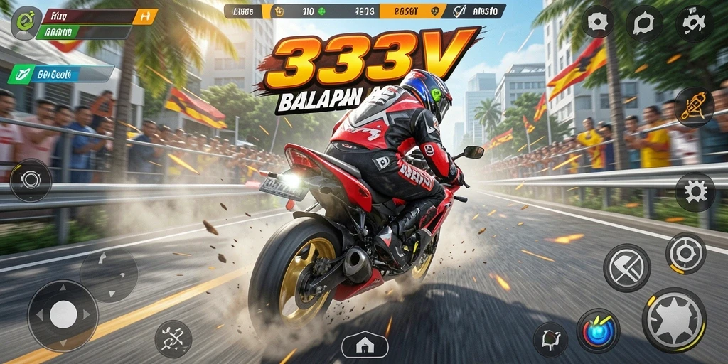 Screenshot gameplay 333V menampilkan aksi balapan motor yang mendebarkan.