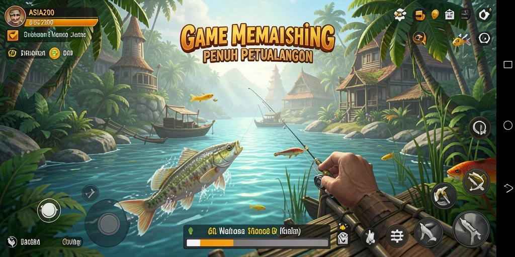 Tampilan gameplay ASIA200 yang mendebarkan saat memancing ikan besar.