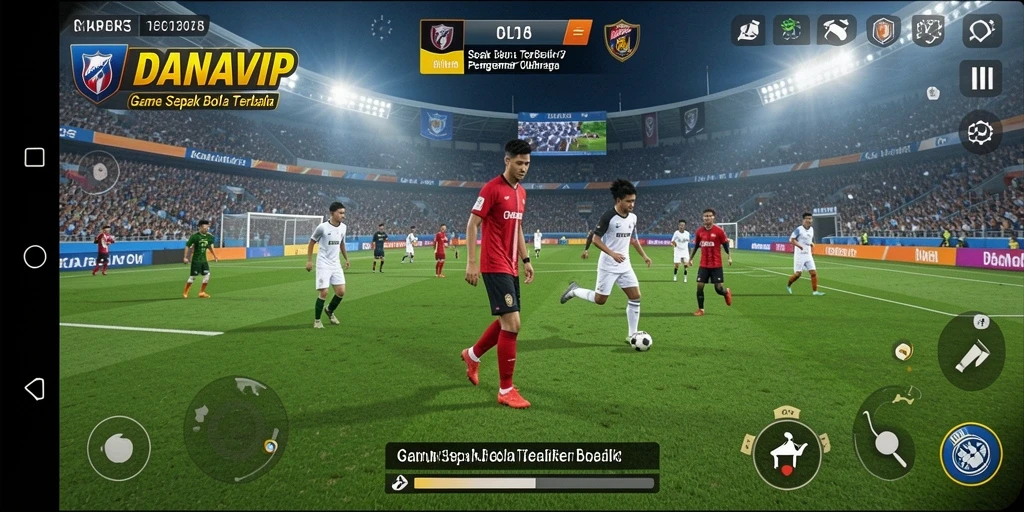 Screenshot gameplay DANAVIP yang menunjukkan aksi seru permainan sepak bola.