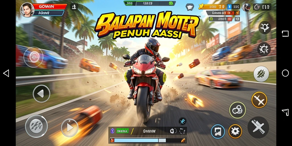 Tampilan gameplay seru dari GOWIN di lintasan balapan motor.