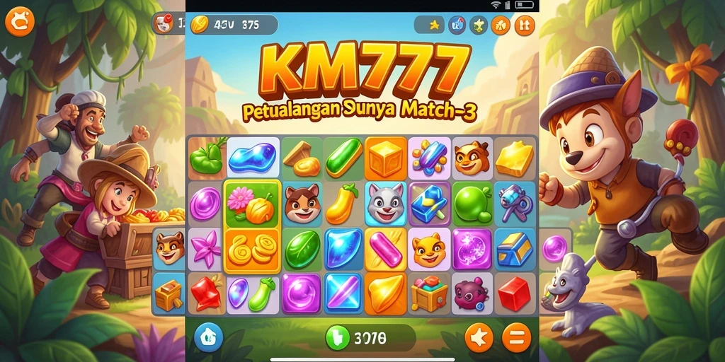 Tangkapan layar gameplay <strong>KM777</strong> yang menunjukkan aksi menyusun batu permata.