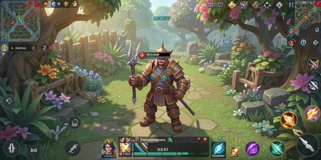 Tangkapan layar gameplay MLBB777 menampilkan suasana berkebun yang cerah dan interaktif.