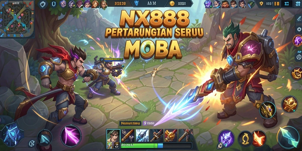 Tampilan gameplay NX888 dengan karakter aksi yang mendebarkan dalam pertempuran MOBA