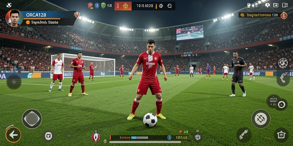 Screenshot gameplay ORCA128 yang menunjukkan aksi sepak bola yang seru.