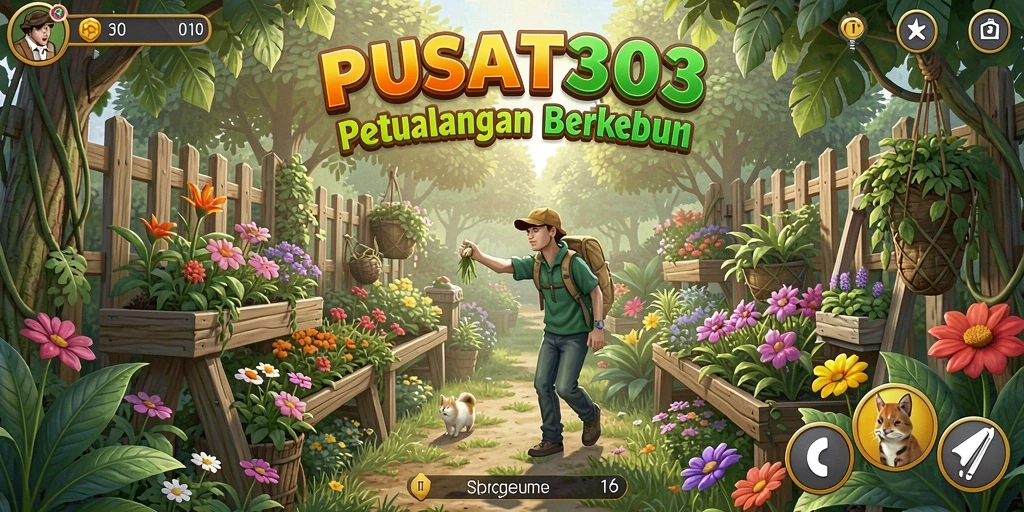 Tangkapan layar PUSAT303 menunjukkan kebun hijau yang subur dan aktivitas panen yang seru.