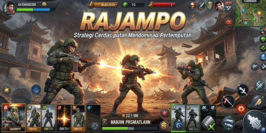 Tangkapan layar gameplay RAJAMPO menampilkan pertempuran strategis yang intens.