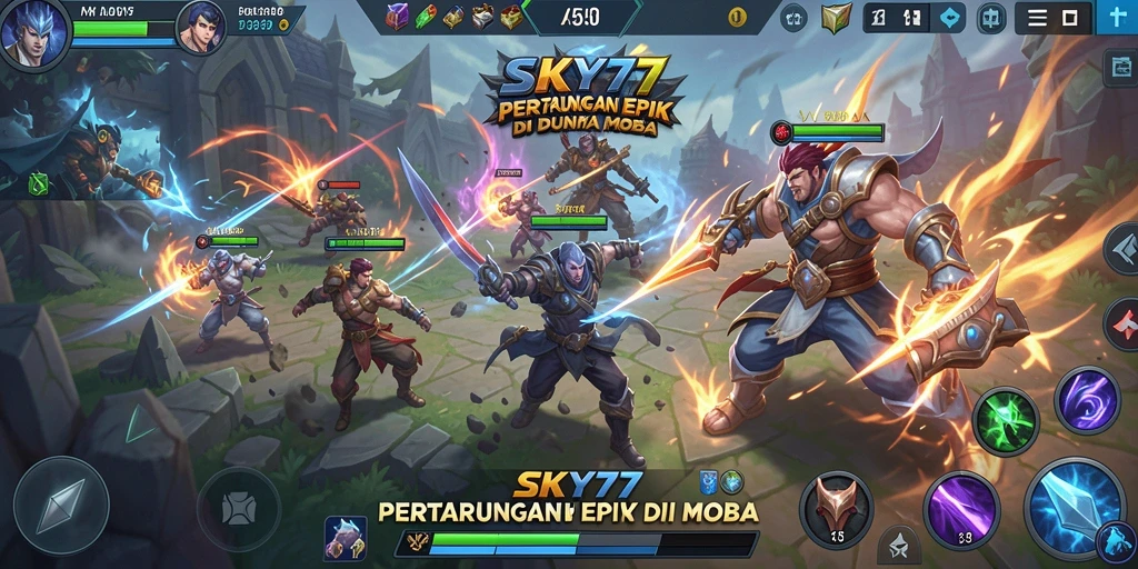 Screenshot utama SKY77 menampilkan adu strategi tim dalam pertempuran MOBA.