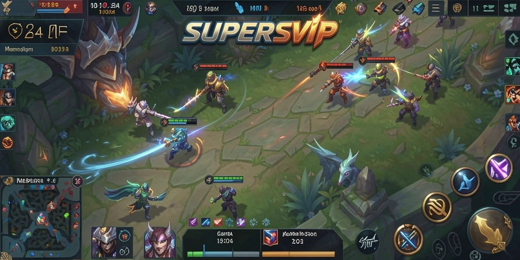 Tampilan gameplay seru dalam SUPERSVIP dengan aksi MOBA yang mendebarkan.
