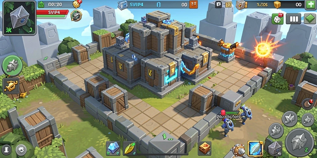 Screenshot gameplay SVIP4 menampilkan pertahanan menara yang epic.