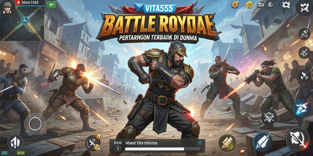 Gameplay seru dalam VITA555 Battle Royale dengan aksi mendebarkan di battlefield.