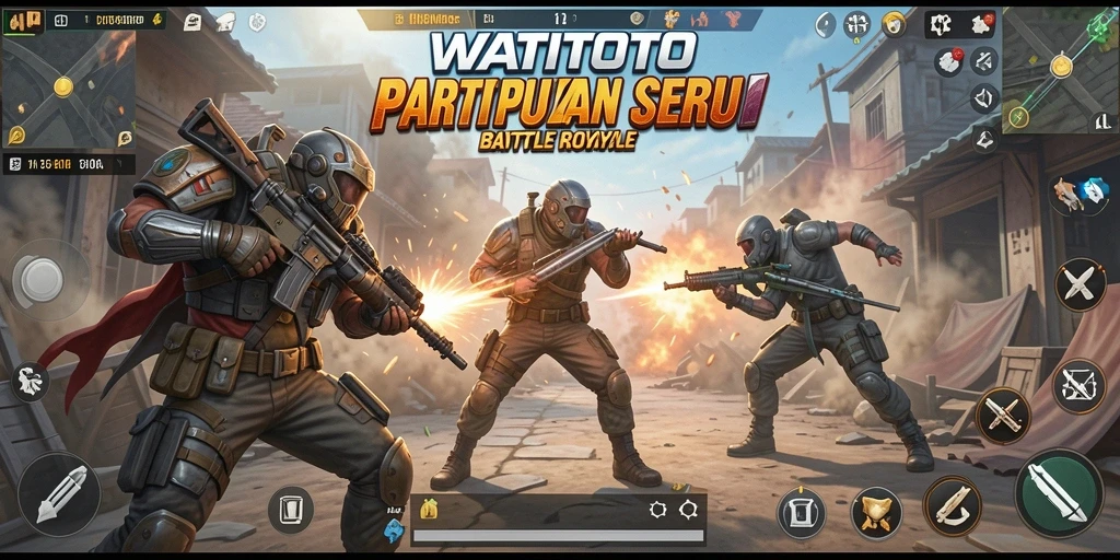 Screenshot utama WATITOTO menunjukkan momen intense dalam pertarungan Battle Royale.