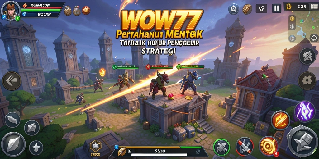 Screenshot utama WOW77 menampilkan gameplay seru Tower Defense dengan strategi menara yang cerdas.
